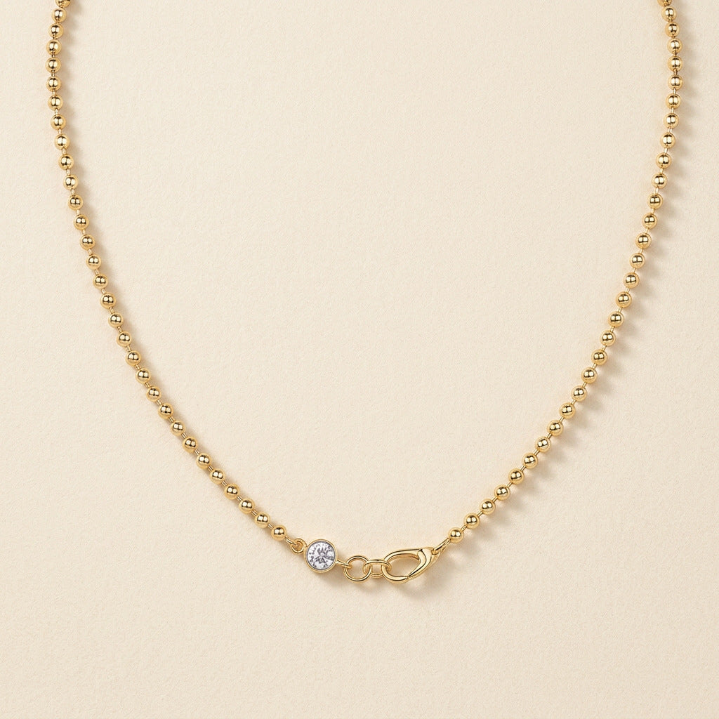 Aurora Bead Ball Chain Necklace with Moissanite Accent – 925 Sterling Silver Minimalist Luxury Jewelry