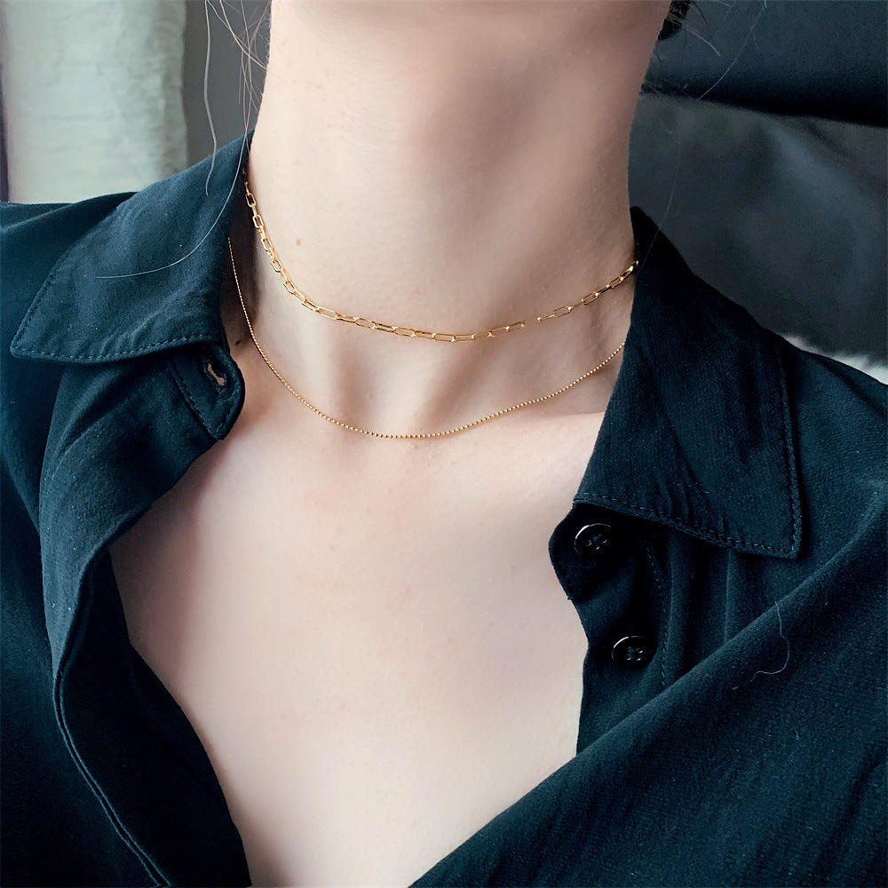 Dual-Layer Silver Chain Necklace – Minimalist Paperclip & Beaded Layered Design for Women