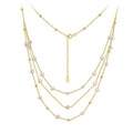 Triple-Layer Freshwater Pearl Necklace with Sparkling CZ Accents – Adjustable Layered Chain Necklace