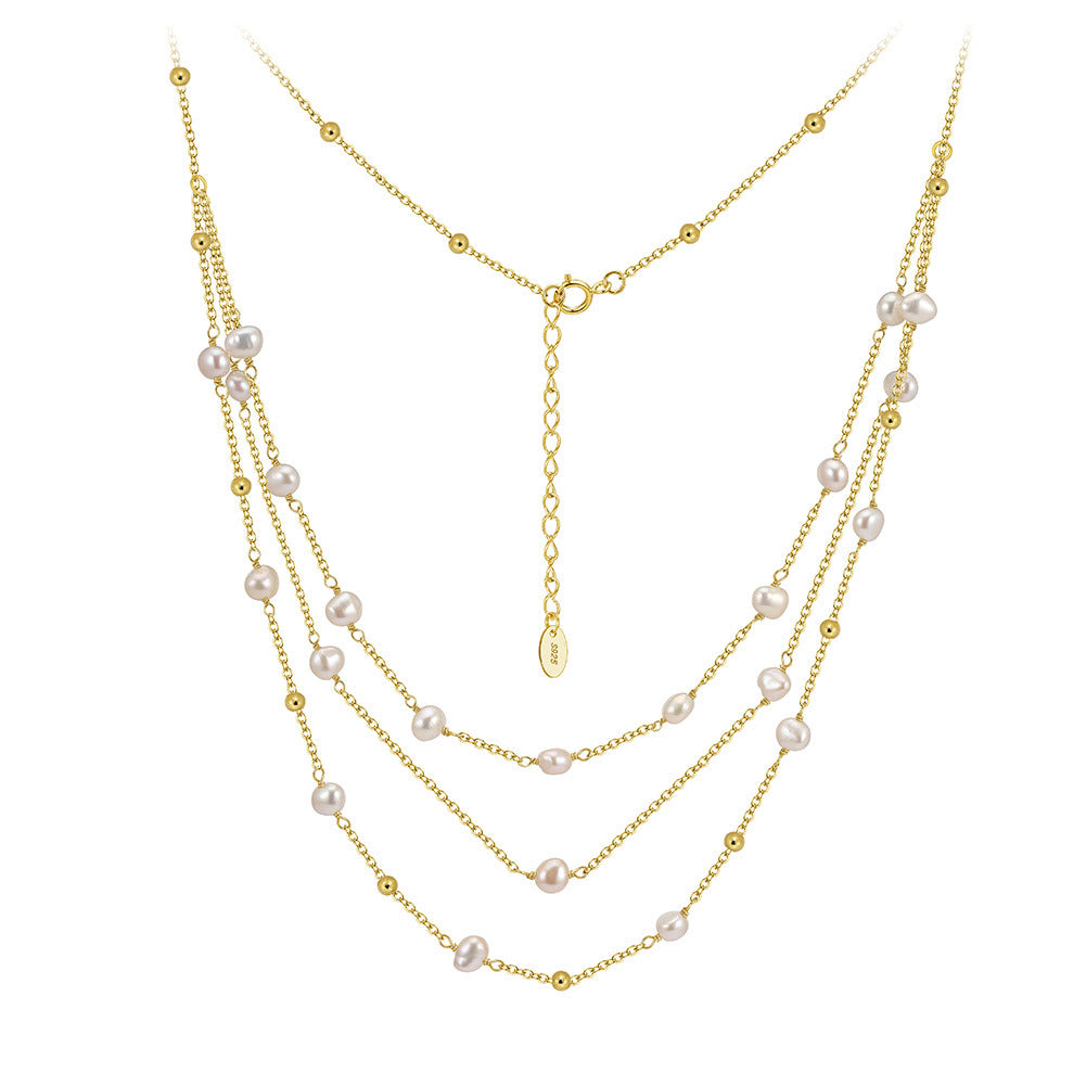 Triple-Layer Freshwater Pearl Necklace with Sparkling CZ Accents – Adjustable Layered Chain Necklace