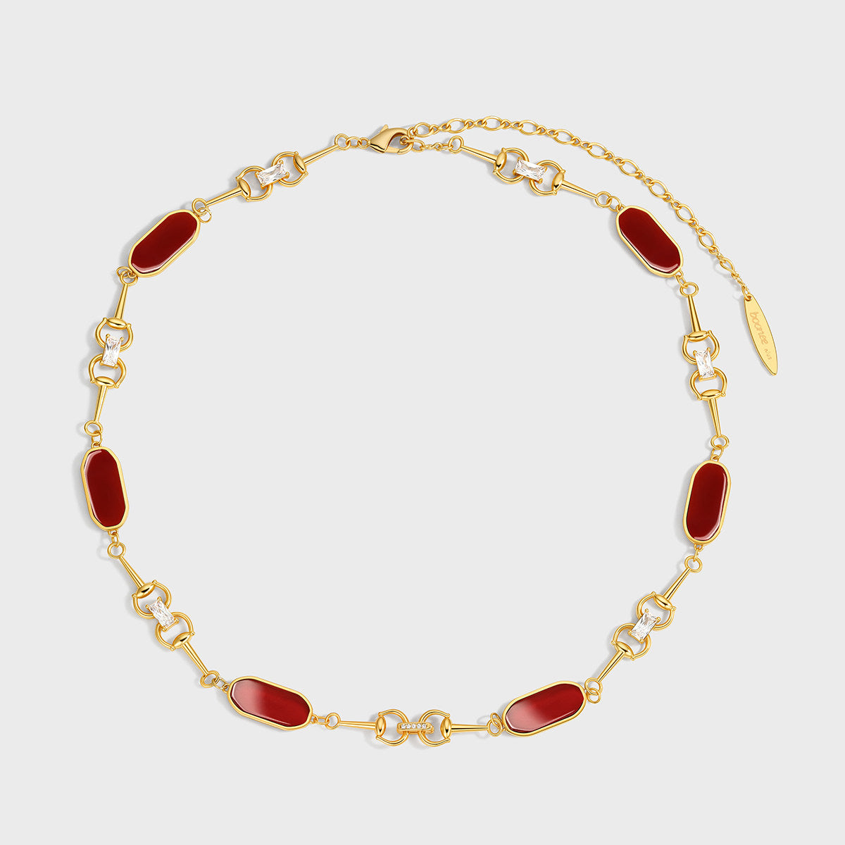 Vintage Red & Green Agate Horsebit Collarbone Necklace with Polished Metal Links