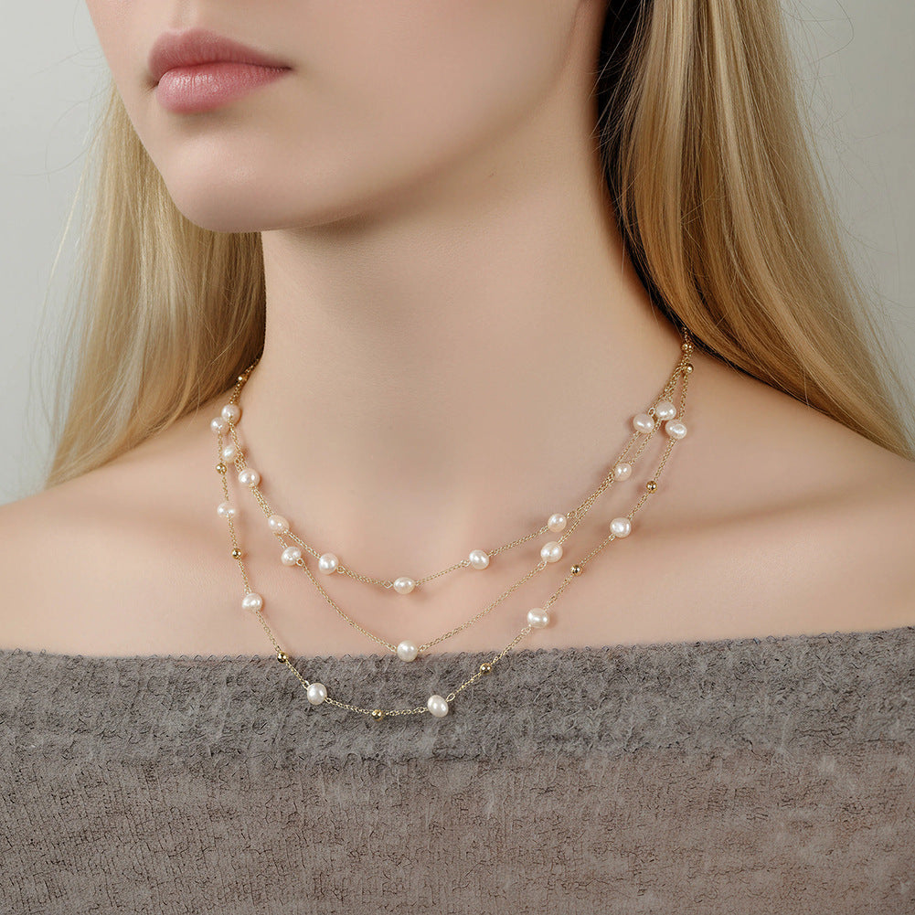 Triple-Layer Freshwater Pearl Necklace with Sparkling CZ Accents – Adjustable Layered Chain Necklace