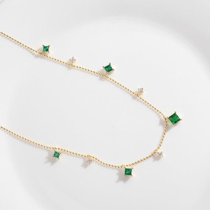 S925 Sterling Silver 18K Gold Plated Emerald &amp Diamond Multi-Stone Starry Pendant Necklace