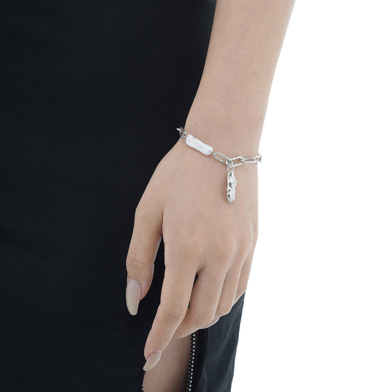 S2025 European and American INS Style Niche Handmade S925 Pure Silver Texture Baroque Pearl Bracelet for Women in Platinum Color