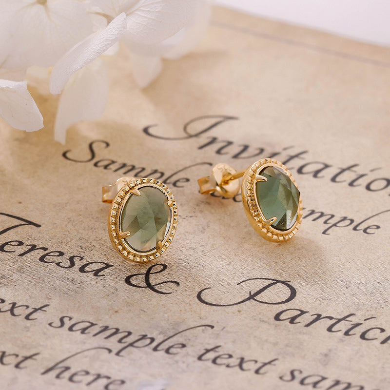 Dunli Jewelry Factory Wholesale Fashionable Simple Design S925 Silver-Plated 14K Gold-Green Amethyst Studs