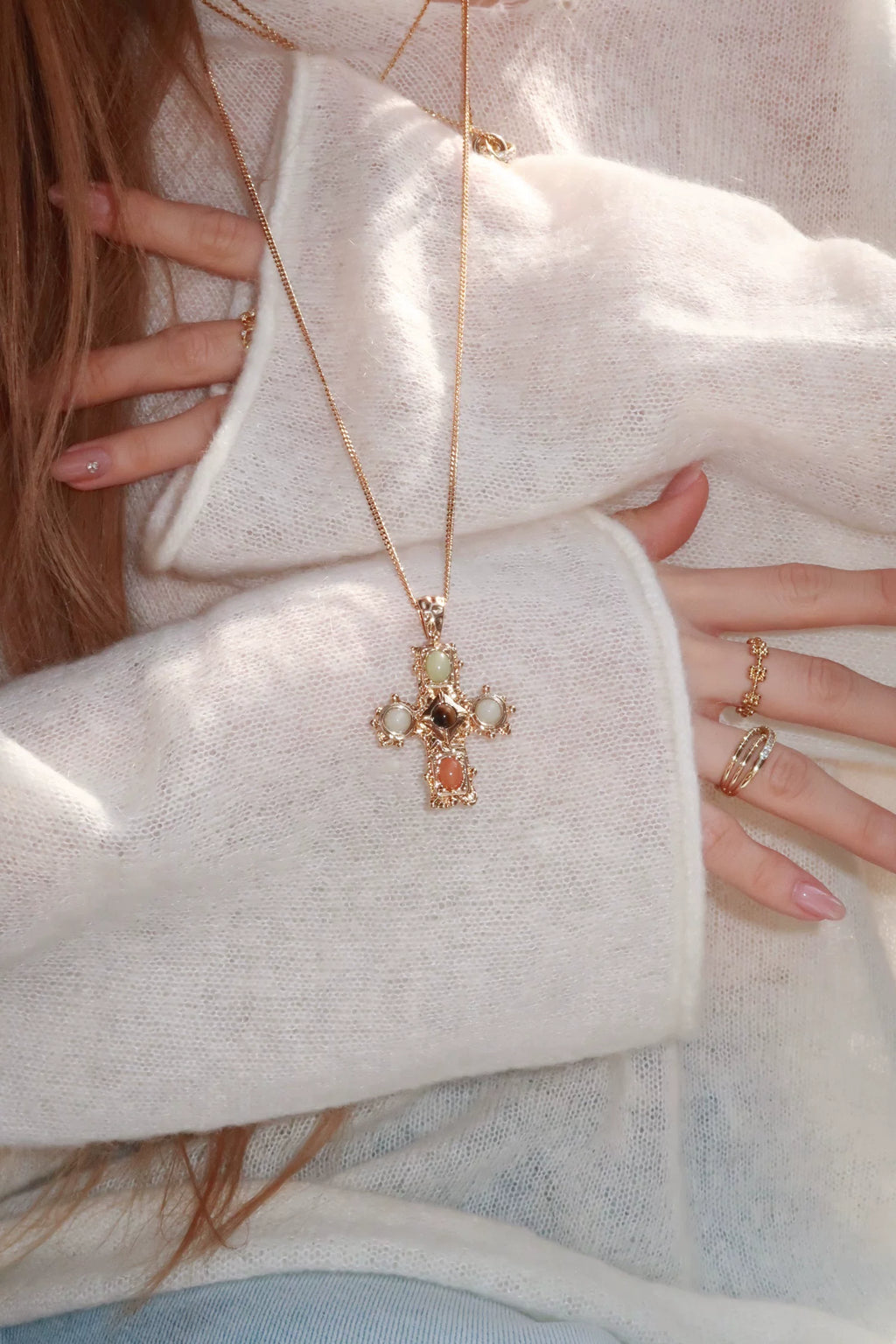 Vintage Gold Cross Pendant Necklace with Tiger Eye & Natural Stone Accents