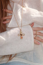Vintage Gold Cross Pendant Necklace with Tiger Eye & Natural Stone Accents