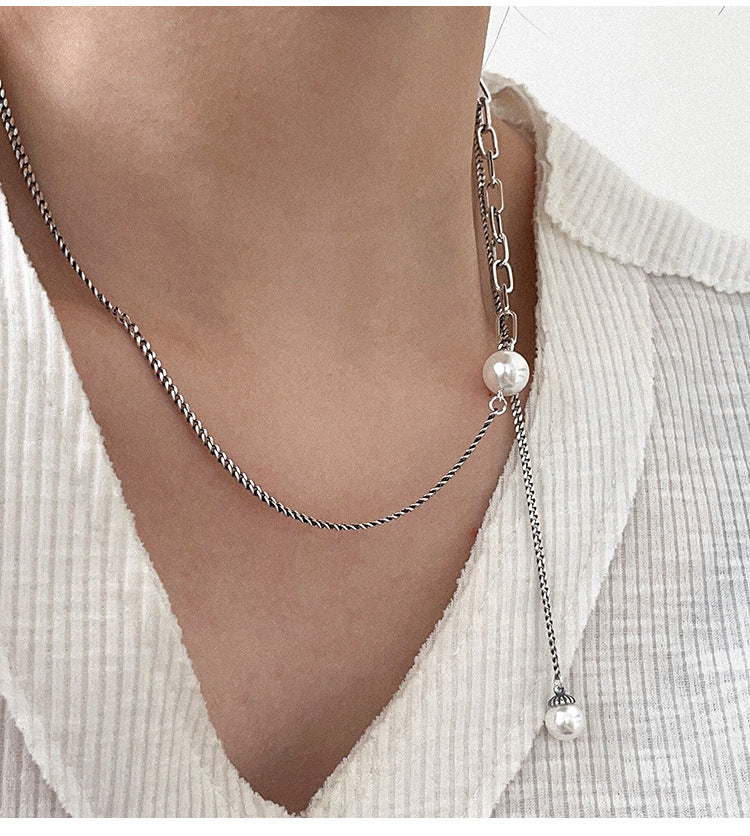 Yinruitai S925 pure silver double-layer stacked pearl necklace for women, light luxury INS niche design collarbone chain, trendy