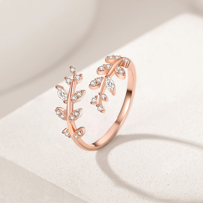 Elegant Leaf Branch Adjustable Ring for Women – S925 Sterling Silver Cubic Zirconia Open Ring