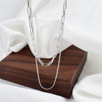 Dual-Layer Silver Chain Necklace – Minimalist Paperclip & Beaded Layered Design for Women