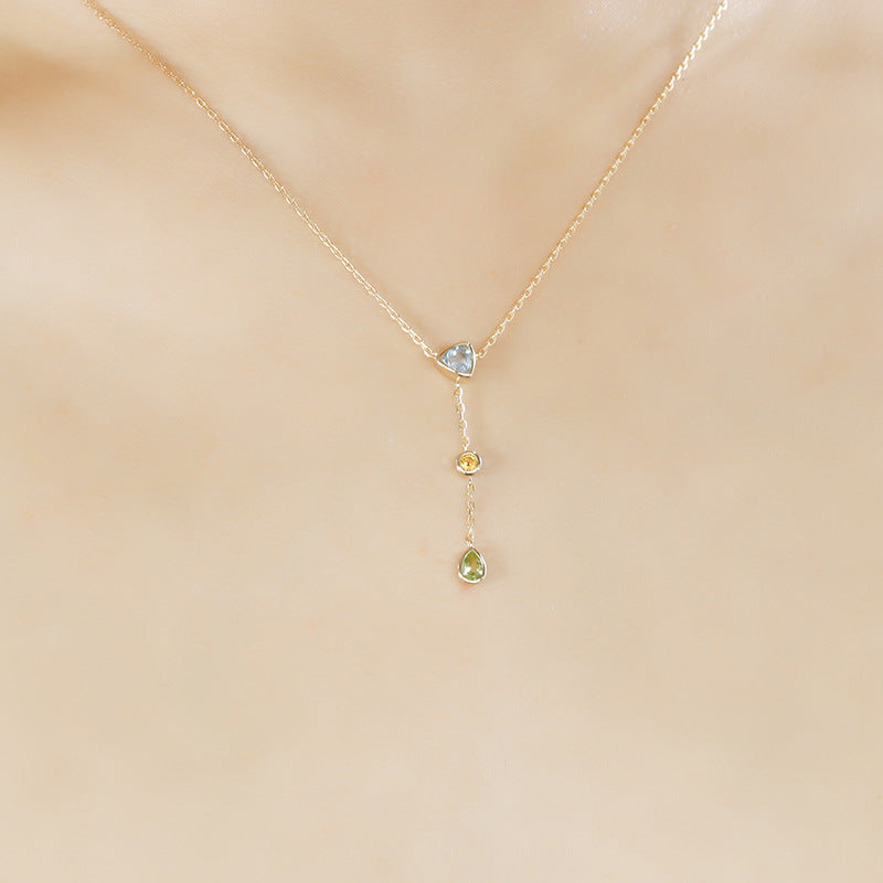 Dunli Jewelry S925 Silver Necklace Women's Niche Design Fashionable Commuter Style Sky Blue Yellow Crystal Green Olive Necklace