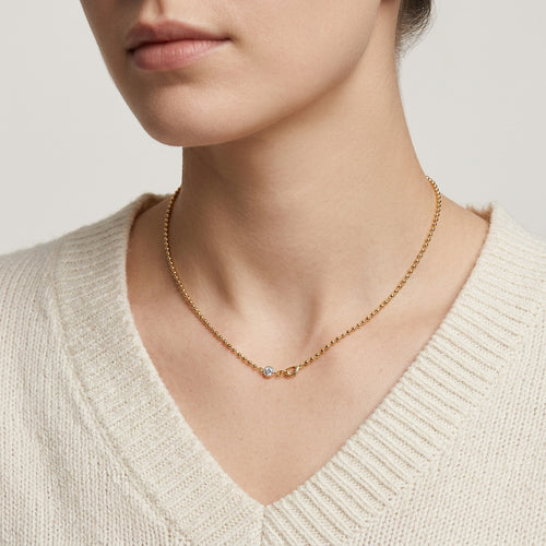 Aurora Bead Ball Chain Necklace with Moissanite Accent – 925 Sterling Silver Minimalist Luxury Jewelry