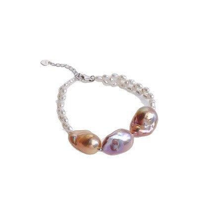 Natural Three-Bead Daba Pearl Bracelet for Women, French Vintage S925 Silver Woven Bracelet, Purple High-Light Baroque