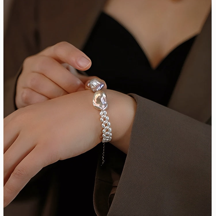Natural Three-Bead Daba Pearl Bracelet for Women, French Vintage S925 Silver Woven Bracelet, Purple High-Light Baroque
