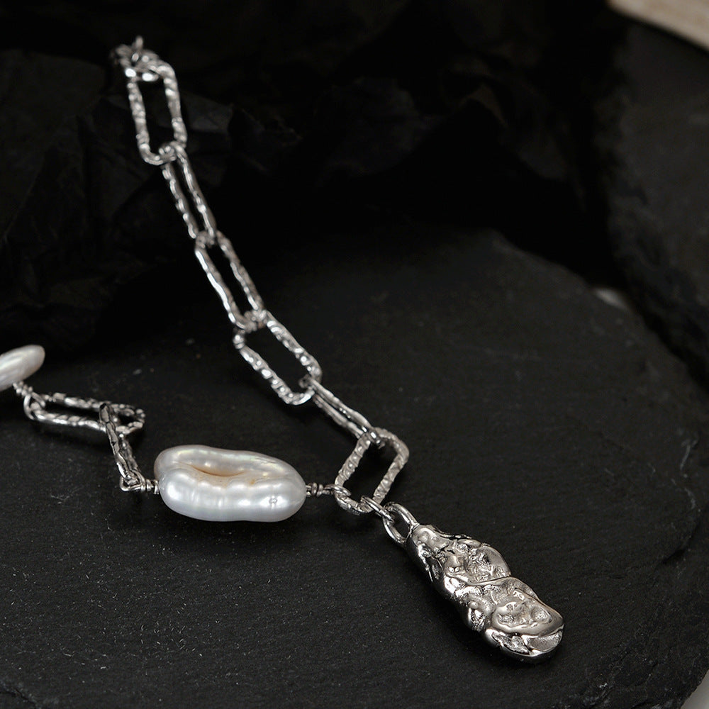 S2025 European and American INS Style Niche Handmade S925 Pure Silver Texture Baroque Pearl Bracelet for Women in Platinum Color