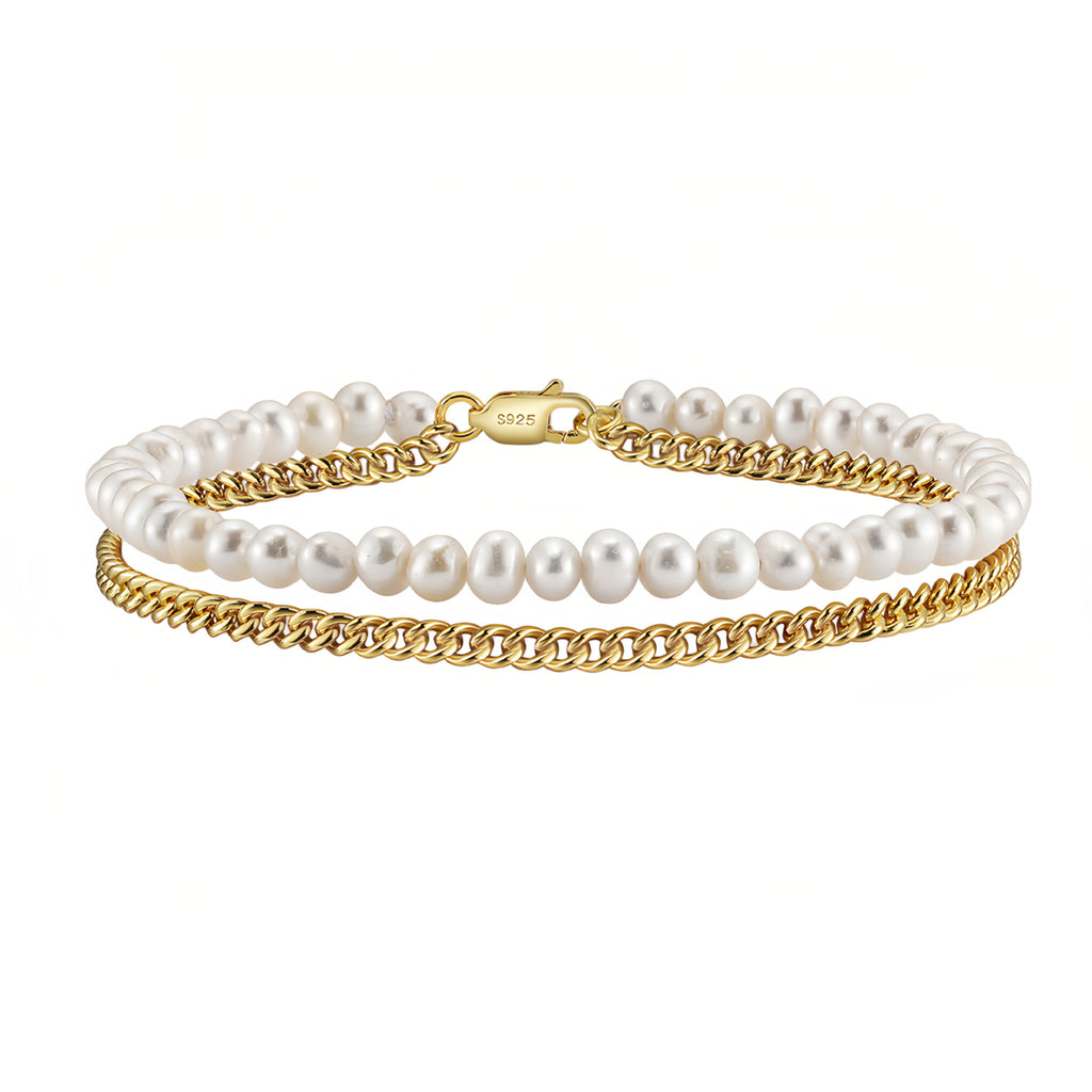 Double Layer Pearl & Gold Cuban Chain Bracelet — S925 Sterling Silver Freshwater Pearl Stacking Bracelet | Modern Luxury Mixed Material Jewelry for Women