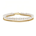 Double Layer Pearl & Gold Cuban Chain Bracelet — S925 Sterling Silver Freshwater Pearl Stacking Bracelet | Modern Luxury Mixed Material Jewelry for Women