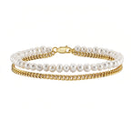 Double Layer Pearl & Gold Cuban Chain Bracelet — S925 Sterling Silver Freshwater Pearl Stacking Bracelet | Modern Luxury Mixed Material Jewelry for Women
