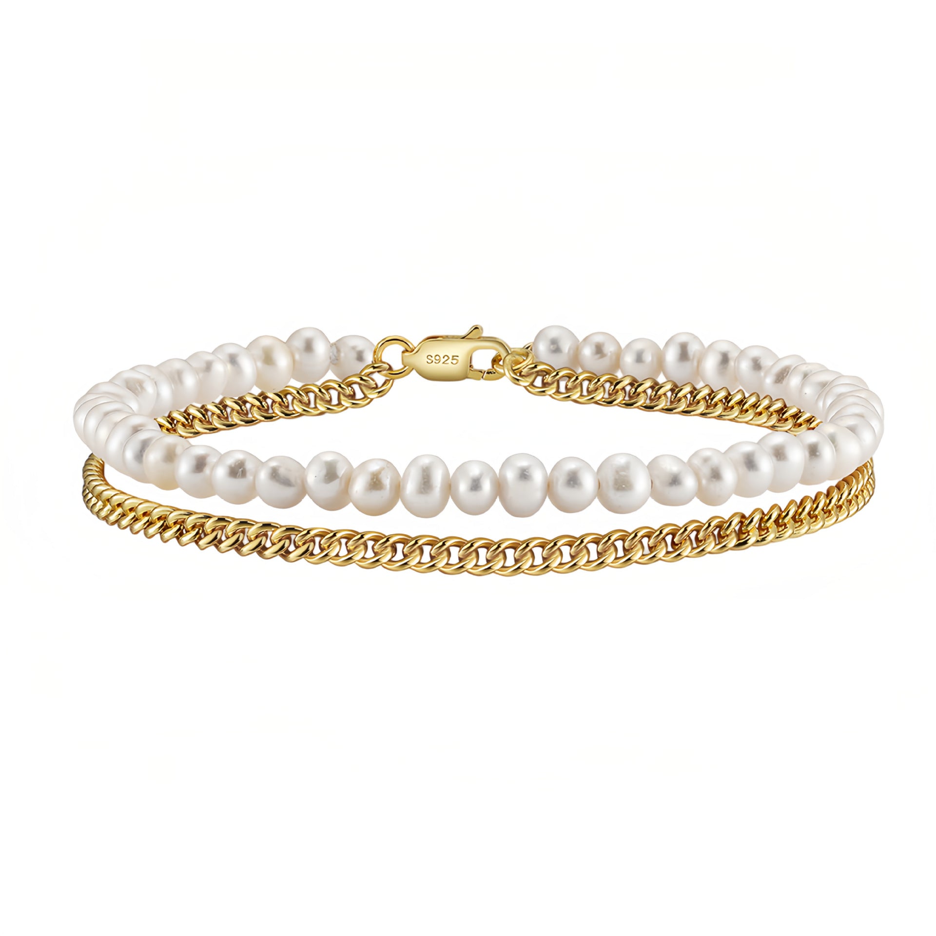 Double Layer Pearl & Gold Cuban Chain Bracelet — S925 Sterling Silver Freshwater Pearl Stacking Bracelet | Modern Luxury Mixed Material Jewelry for Women
