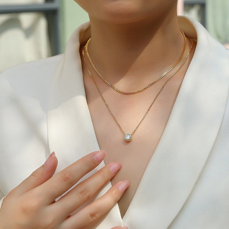 Layered Gold Necklace with Crystal Pendant – Minimalist 925 Sterling Silver Jewelry for Women