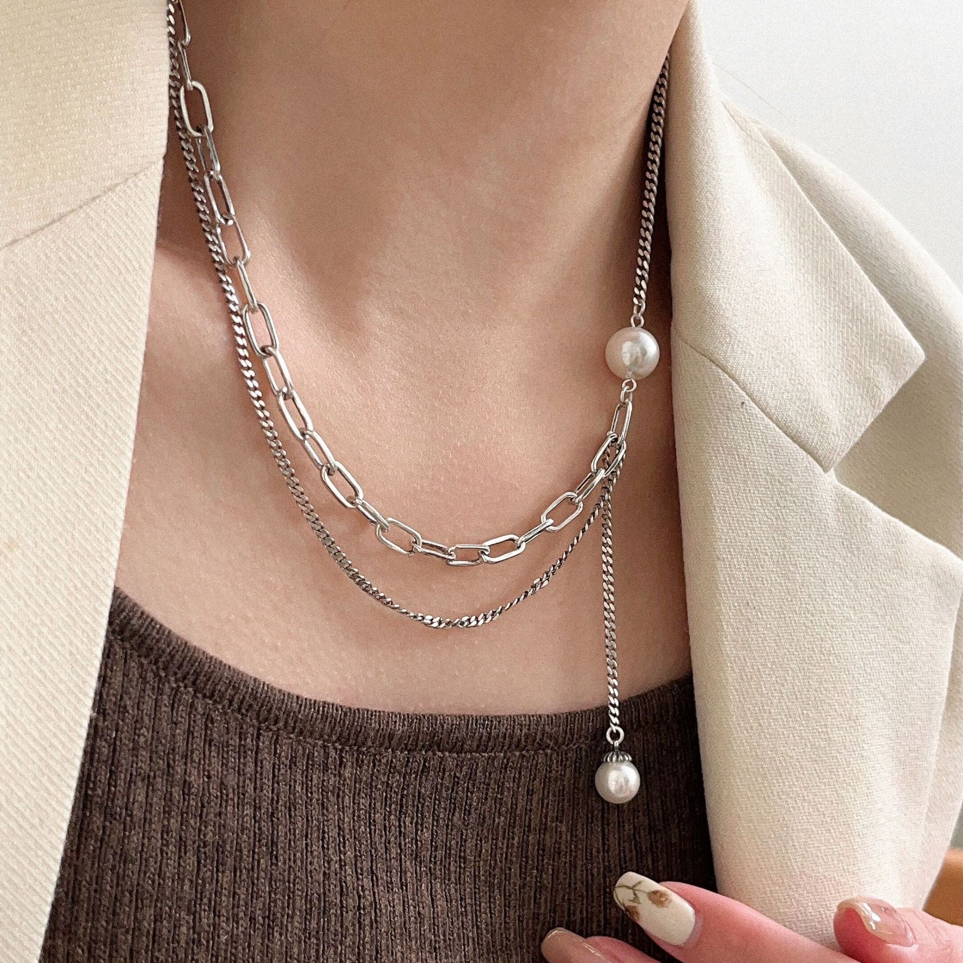 Yinruitai S925 pure silver double-layer stacked pearl necklace for women, light luxury INS niche design collarbone chain, trendy