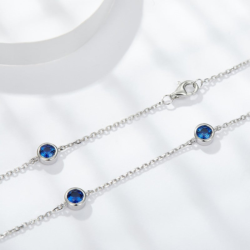Sterling Silver Blue Sapphire Necklace – 8-Stone Round Cut Pendant with Lobster Clasp