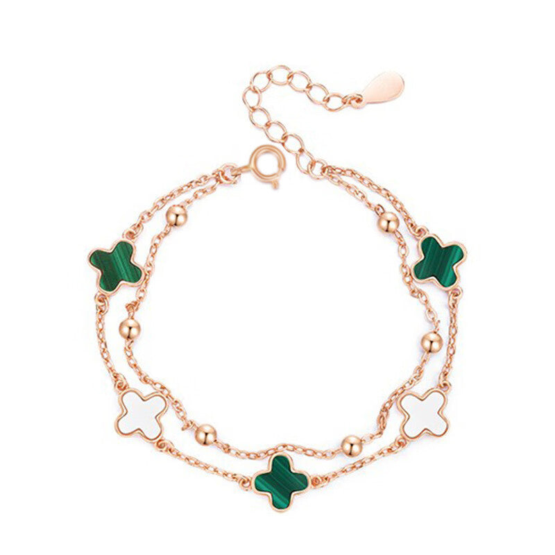 Rose Gold Four Leaf Clover Bracelet with Malachite & Mother of Pearl — Lucky Charm Adjustable Bracelet for Women