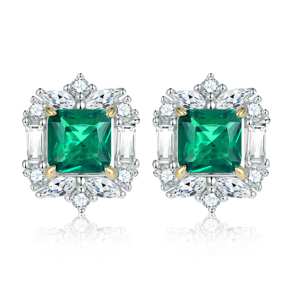 European and American fashion emerald floral sterling silver earrings for women with a light luxury 925 silver emerald stud earring, a high-end silver jewelry