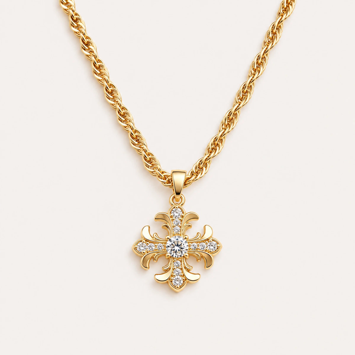 Gold Rotating Fleur-de-Lis Cross Necklace with Sparkling Zirconia Accents