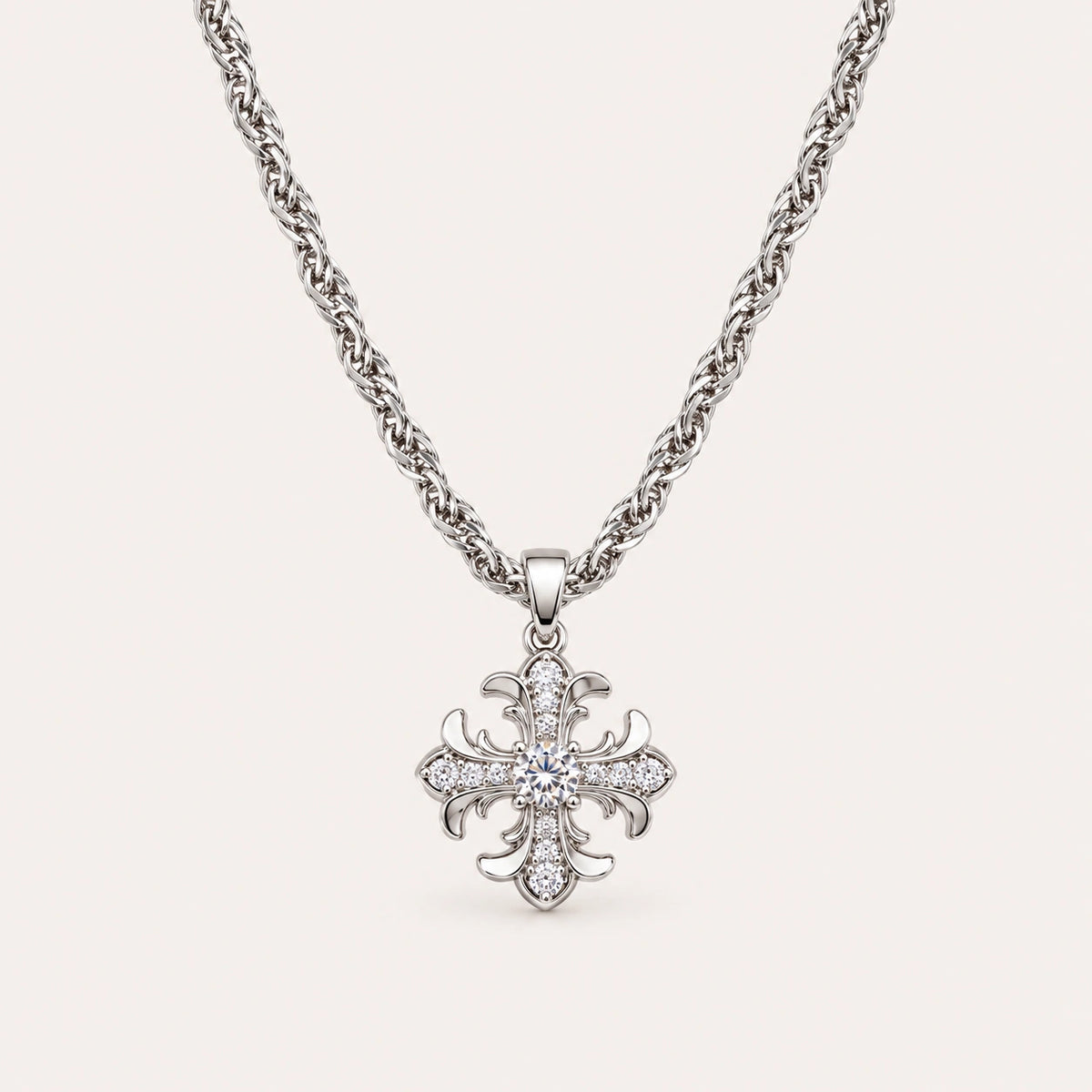 Silver Rotating Fleur-de-Lis Cross Necklace with Sparkling Zirconia Accents