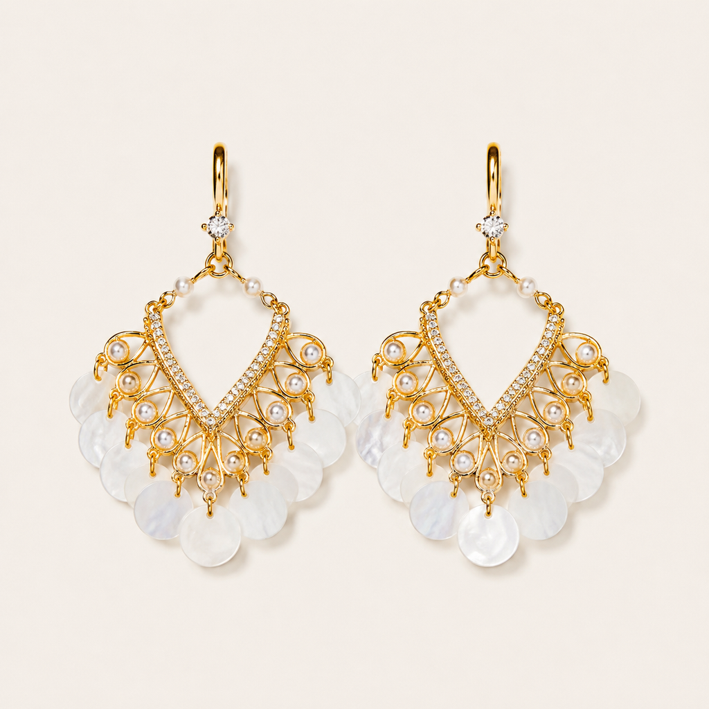 Elegant Vintage Shell Tassel Earrings with Pearl Accents and Sparkling Crystal Details