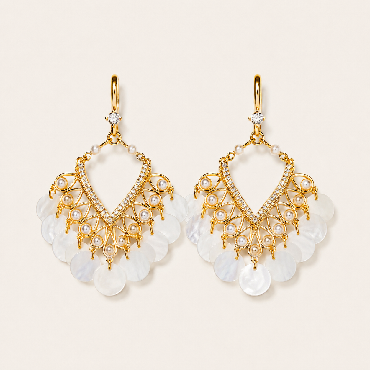 Elegant Vintage Shell Tassel Earrings with Pearl Accents and Sparkling Crystal Details