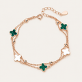 Rose Gold Four Leaf Clover Bracelet with Malachite & Mother of Pearl — Lucky Charm Adjustable Bracelet for Women