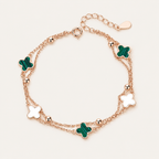 Rose Gold Four Leaf Clover Bracelet with Malachite & Mother of Pearl — Lucky Charm Adjustable Bracelet for Women