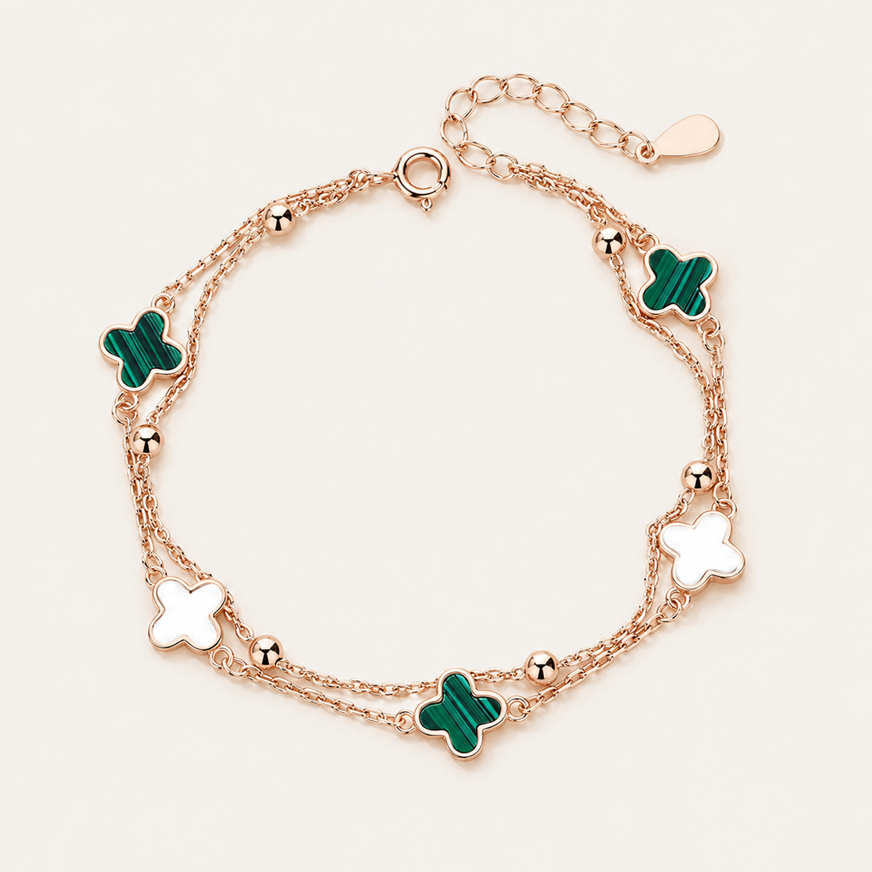 Rose Gold Four Leaf Clover Bracelet with Malachite & Mother of Pearl — Lucky Charm Adjustable Bracelet for Women