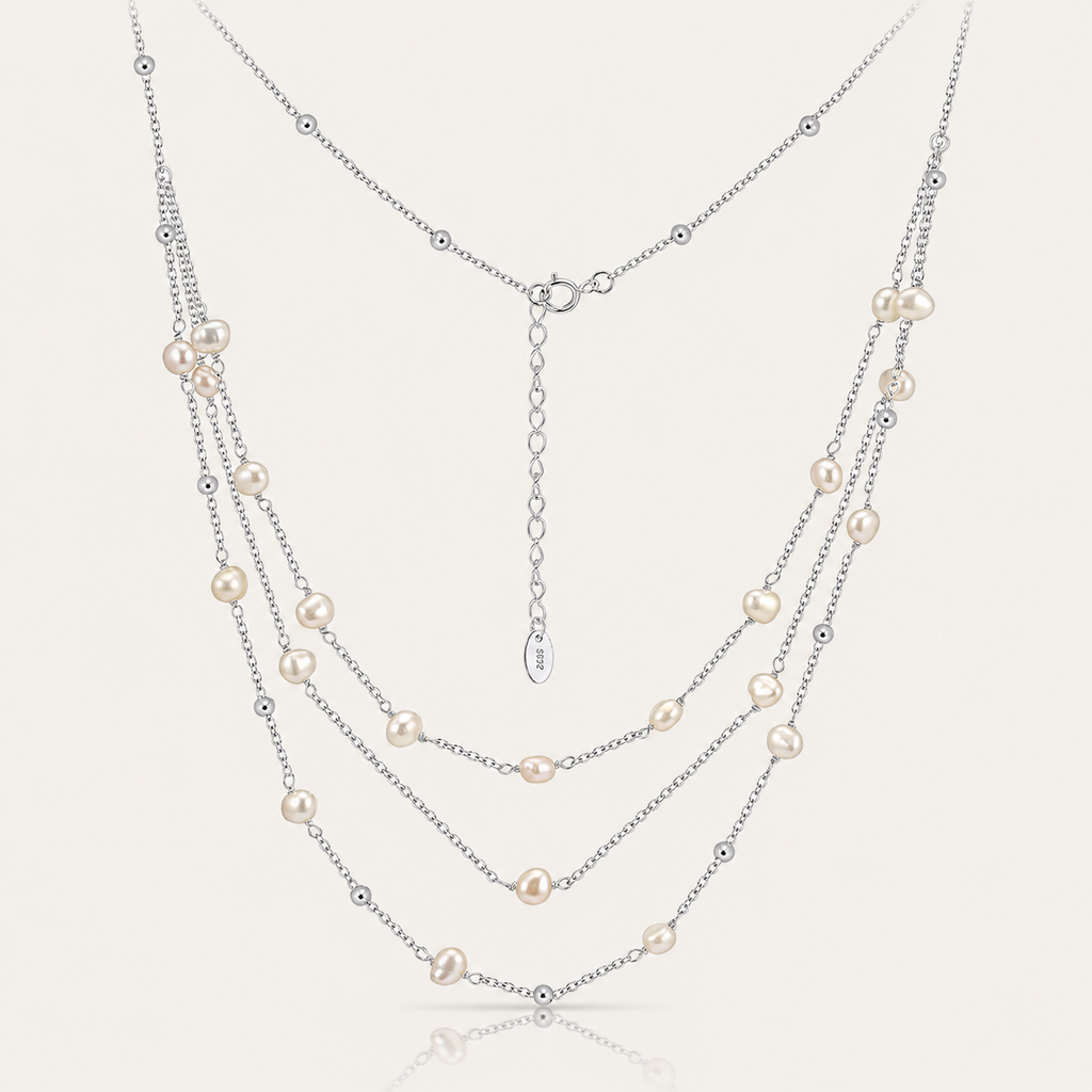 Triple-Layer Freshwater Pearl Necklace with Sparkling CZ Accents – Adjustable Layered Chain Necklace