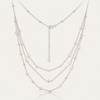 Triple-Layer Freshwater Pearl Necklace with Sparkling CZ Accents – Adjustable Layered Chain Necklace