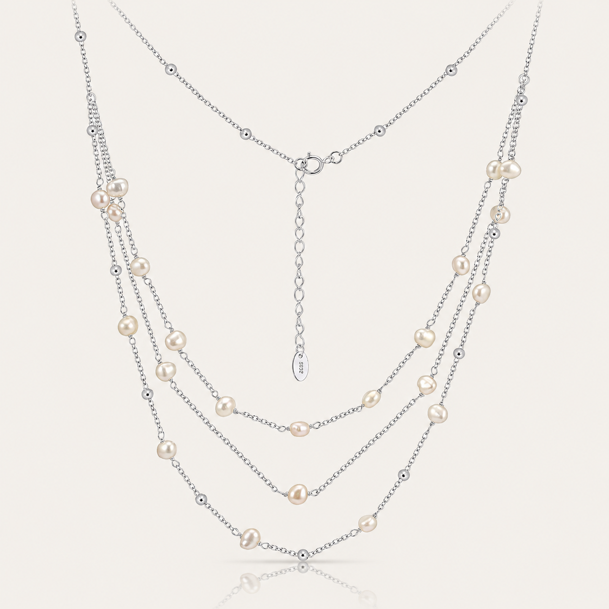 Triple-Layer Freshwater Pearl Necklace with Sparkling CZ Accents – Adjustable Layered Chain Necklace