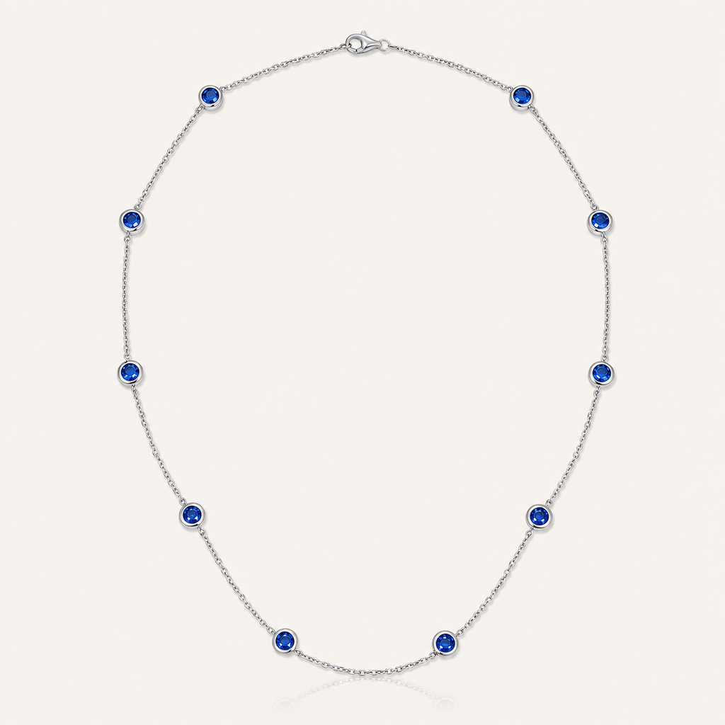 Sterling Silver Blue Sapphire Necklace – 8-Stone Round Cut Pendant with Lobster Clasp