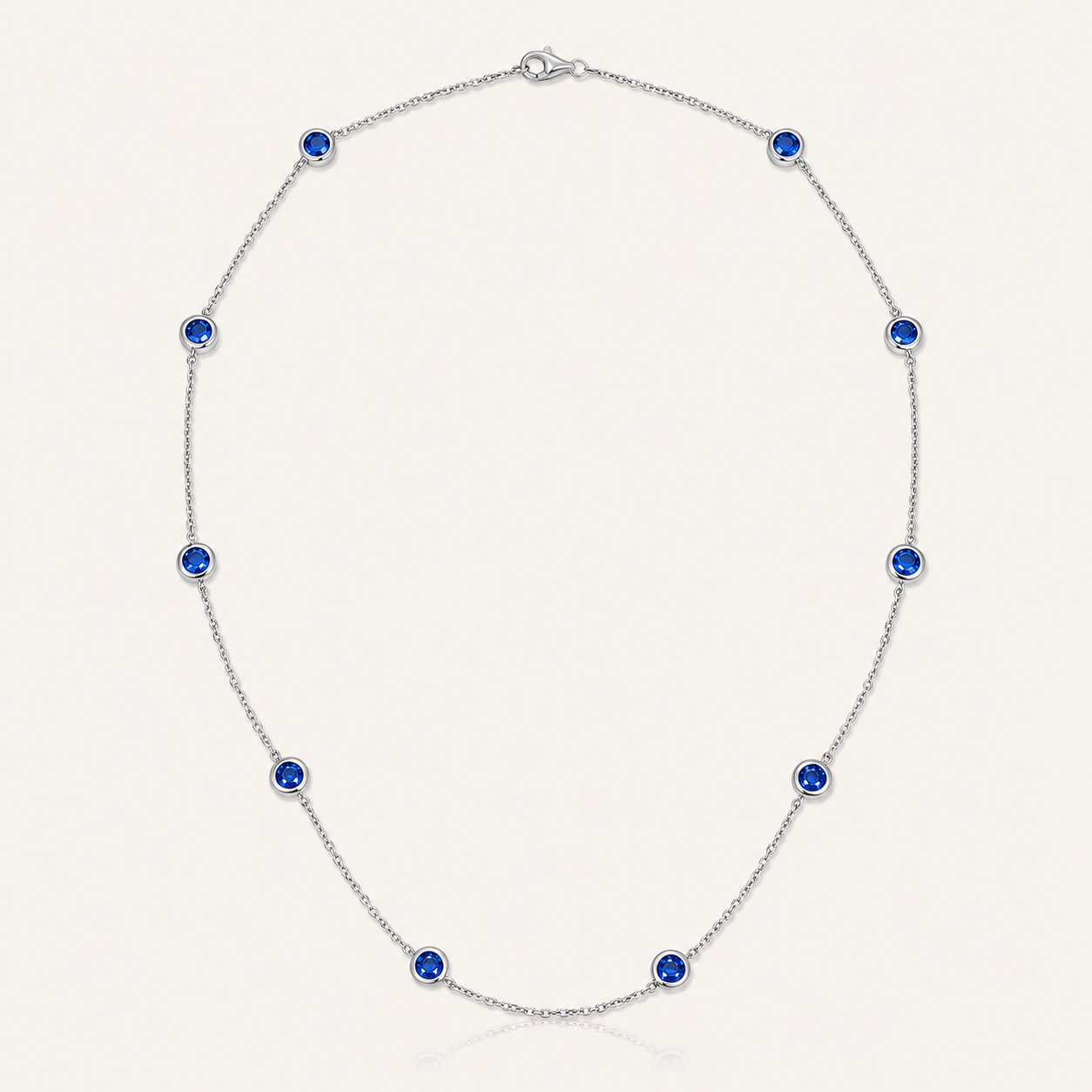 Sterling Silver Blue Sapphire Necklace – 8-Stone Round Cut Pendant with Lobster Clasp