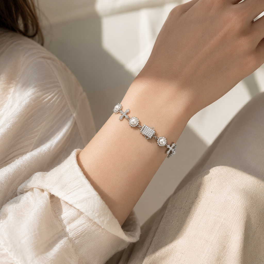 925 Sterling Silver Pearl Cross Bracelet for Women | Elegant Faith-Inspired Charm Jewelry Gift