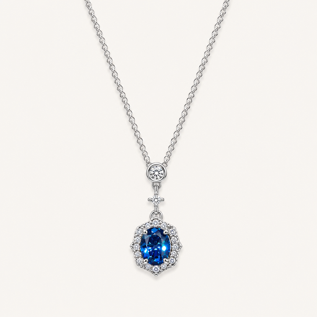 Elegant Lab-Grown Blue Sapphire Pendant Necklace with Silver-Tone Chain and Sparkling Zircon Halo