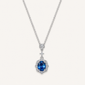 Elegant Lab-Grown Blue Sapphire Pendant Necklace with Silver-Tone Chain and Sparkling Zircon Halo