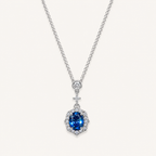 Elegant Lab-Grown Blue Sapphire Pendant Necklace with Silver-Tone Chain and Sparkling Zircon Halo