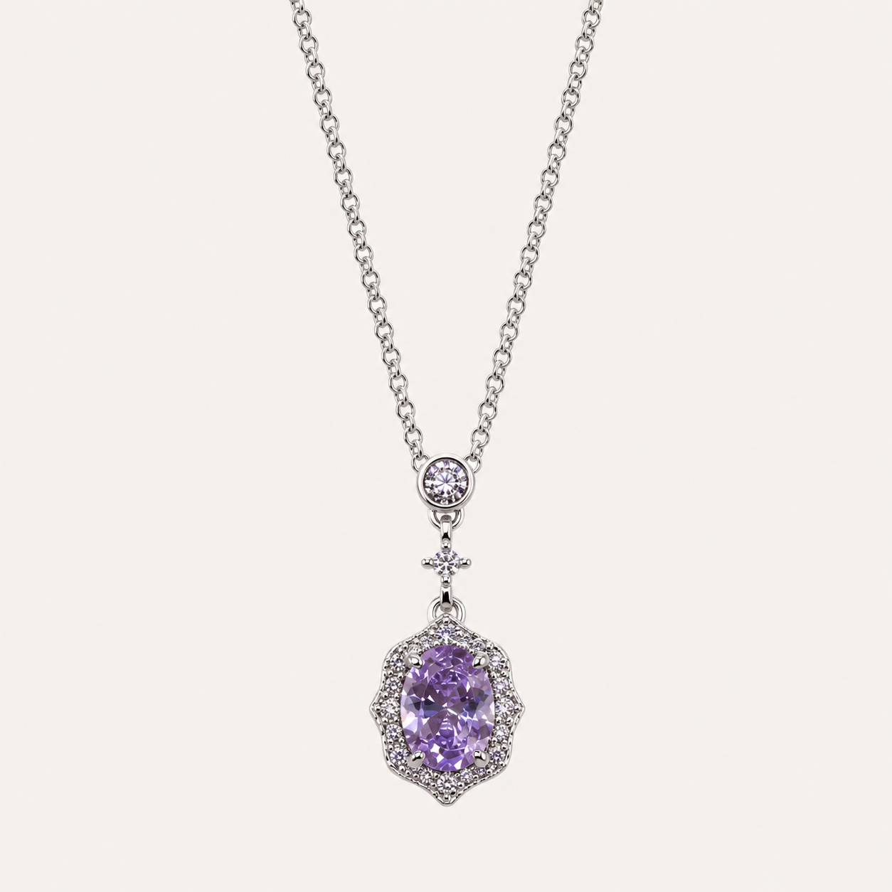 Elegant Lab-Grown Blue Sapphire Pendant Necklace with Silver-Tone Chain and Sparkling Zircon Halo