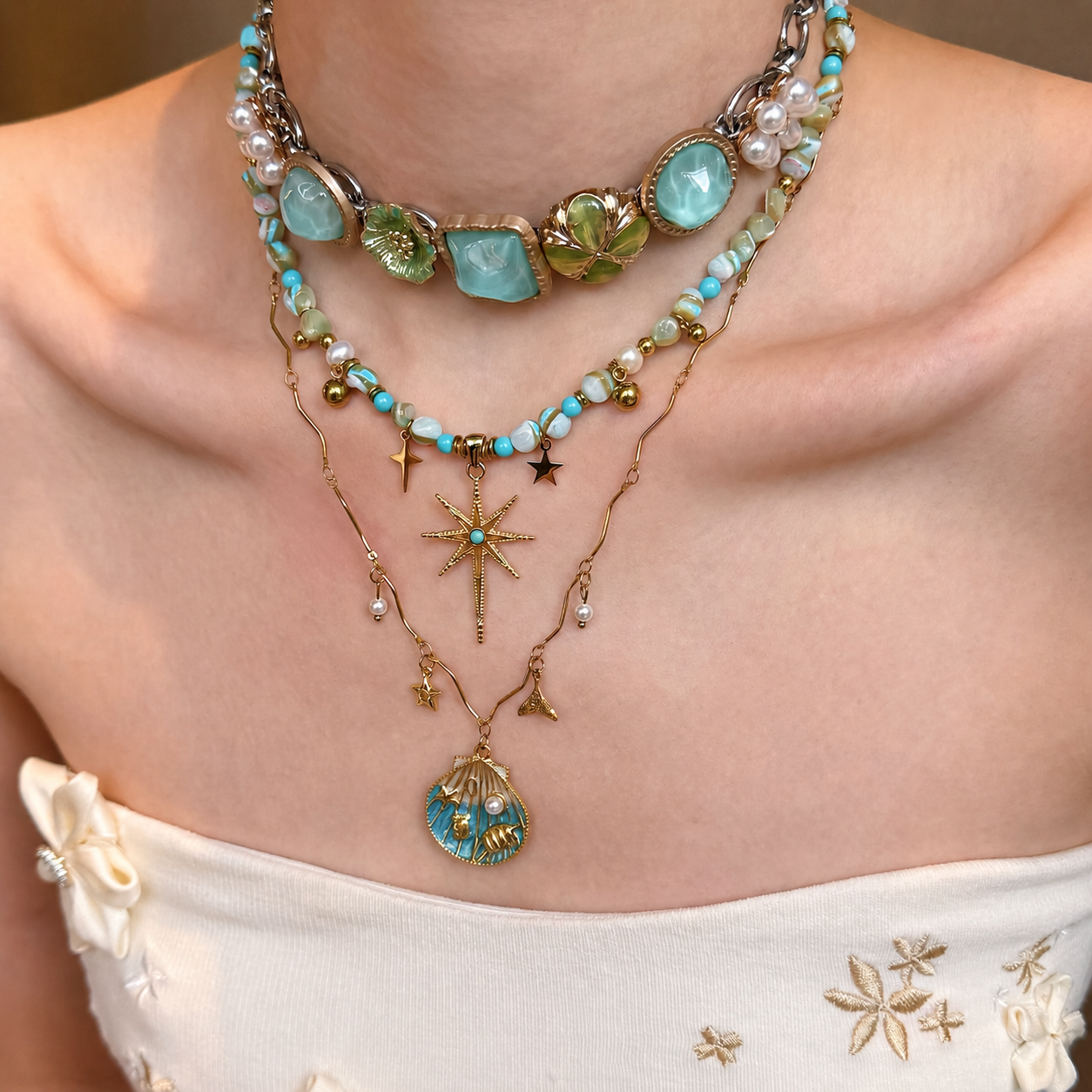 Ocean Star Layered Charm Necklace with Turquoise Beads & Shell Pendant