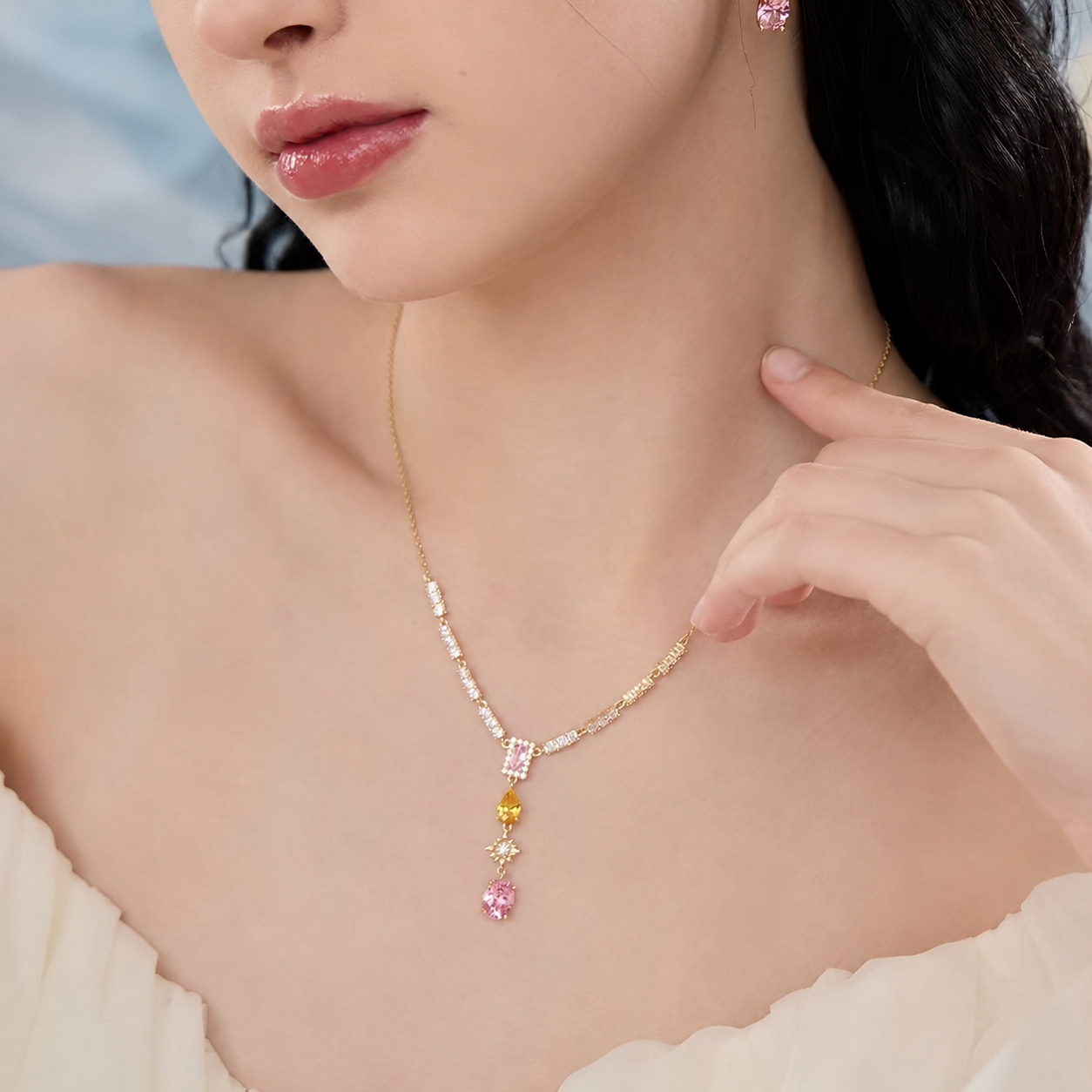 Yellow & Pink Zircon Tassel Necklace