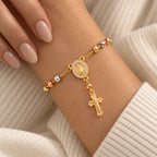 14K Gold-Plated Virgin Mary Rosary Bracelet – Adjustable Tricolor Beaded Cross Bracelet
