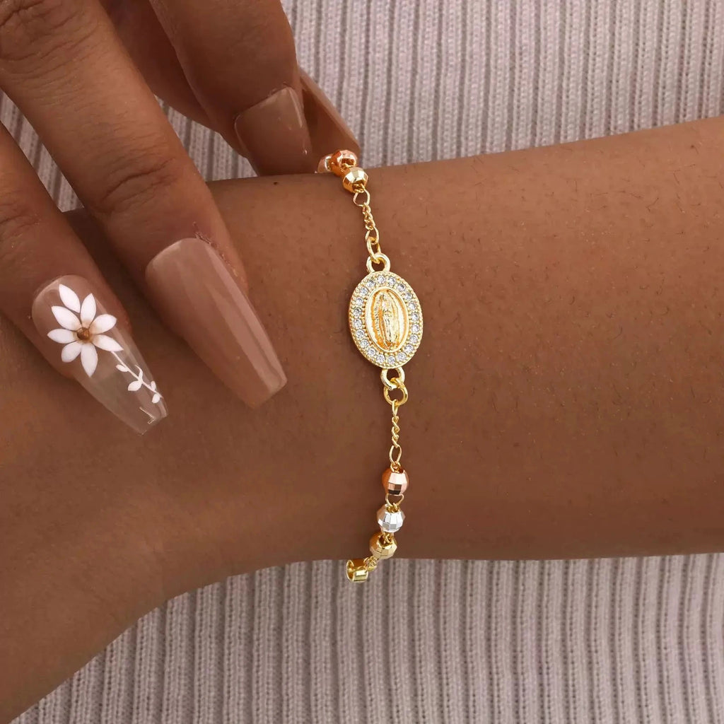14K Gold-Plated Virgin Mary Rosary Bracelet – Adjustable Tricolor Beaded Cross Bracelet