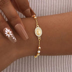 14K Gold-Plated Virgin Mary Rosary Bracelet – Adjustable Tricolor Beaded Cross Bracelet